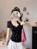 2026 Early Spring French Style Elegant Floral Print Blouse With Bow Collar And Built-In Chest Pads, Short Sleeve_ecoleips.com