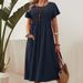 Women's Casual Short Sleeve Dress With Pocket - Solid Color Round Neck Cotton Linen Blend Midi Dress_ecoleips.com