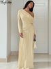 Hugcitar Fashion One Shoulder Solid Long Sleeve Ruched Sexy Bodycon Pleated Maxi Dress Autumn Women Clothes Party Festival_ecoleips.com