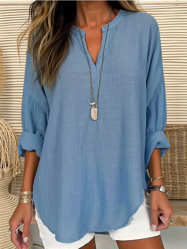 Women's Clothing New V Neck Cotton And Linen Pure Large Size Shirt_ecoleips.com