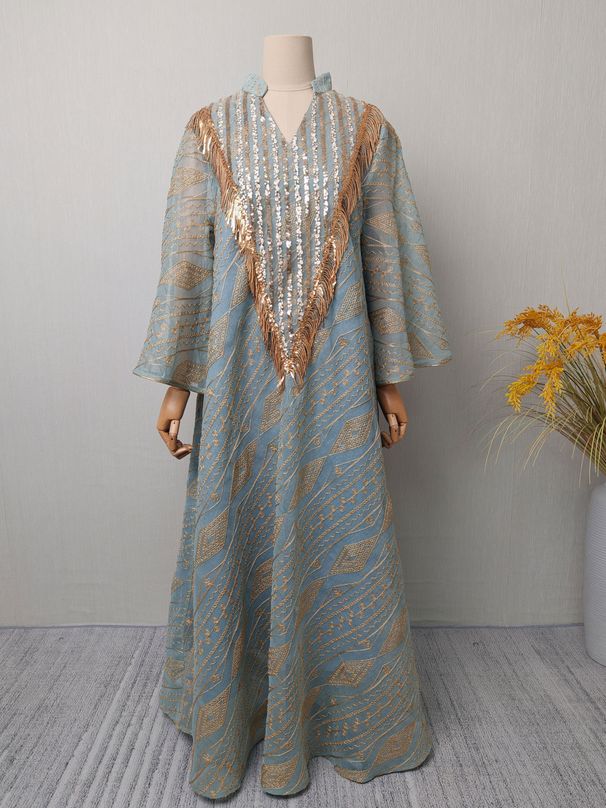 Muslim Dress Women Elegant Embroidered Abaya Dress – Breathable Polyester Chiffon Modest Long Dress With Flared Sleeves (Green, Beige, White, M-Xxl)_ecoleips.com