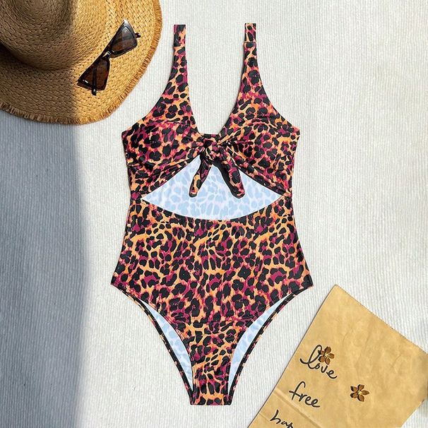2026 New Leopard Print Exposed Navel One-piece Swimsuit Women Slim Beach Bikini Hot Spring Swimsuit_ecoleips.com