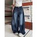 Korean Style Vintage Washed Straight Loose Design Embroidered Patchwork Wide Leg Jeans For Women_ecoleips.com