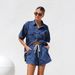 Women's Clothing Casual Loose Pocket Short Sleeved Shirt Denim Two Piece Suit_ecoleips.com