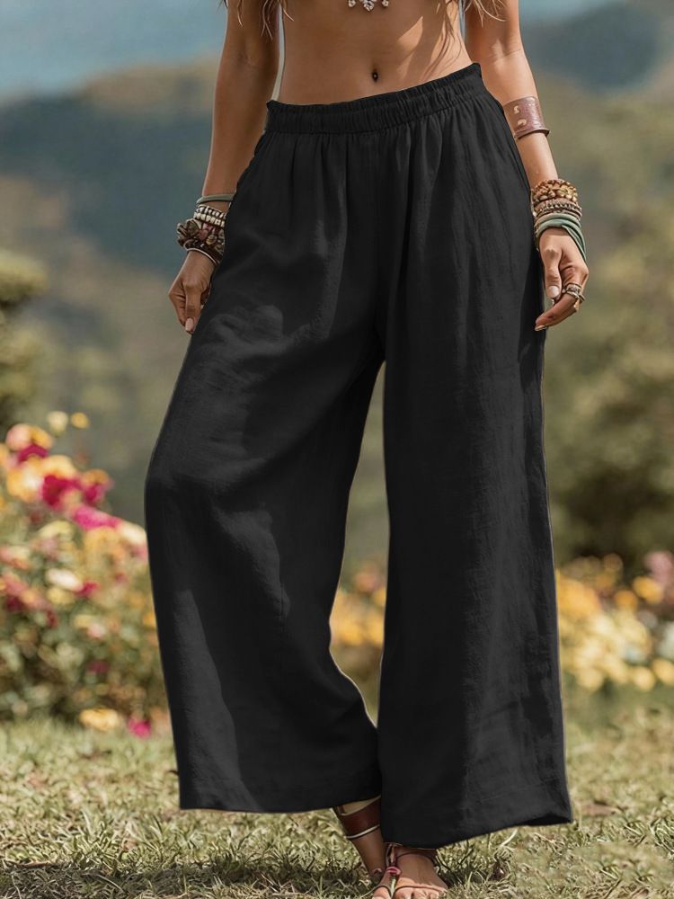 Women's Linen-Cotton Blend Wide Leg Pants, Elastic Waist Relaxed Trousers With Side Pockets, Casual Boho Palazzo Pants For Everyday_ecoleips.com