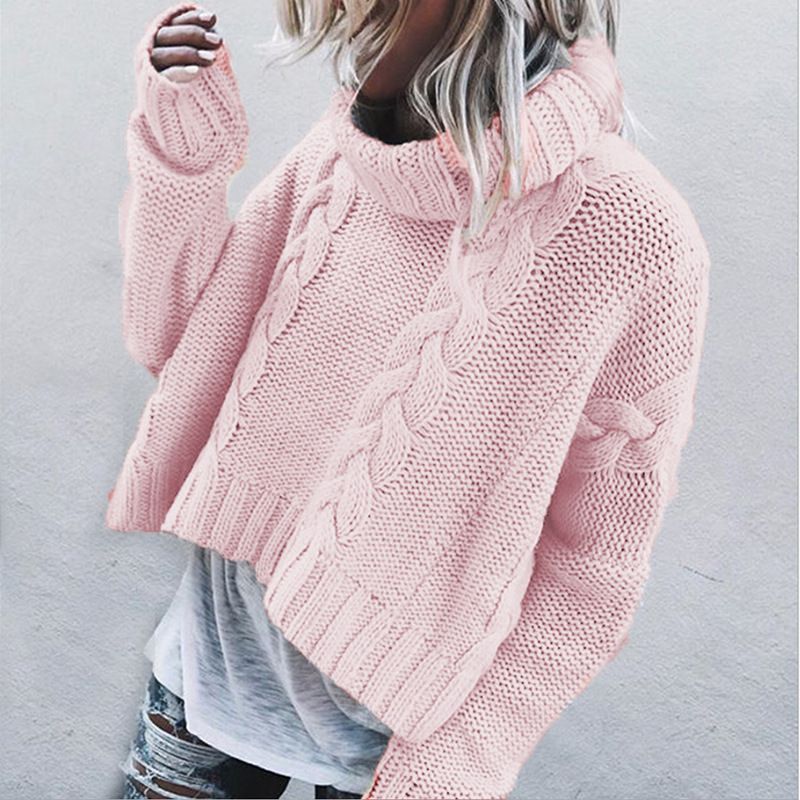 Women's Clothing Long Sleeve Pullover High Neck Cable Knit Sweater Oversized High-Neck Cable Knit Sweater – Chunky Cotton-Blend Pullover (S-XL)_ecoleips.com