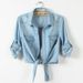Women's Plus Size Denim Shirt - Lightweight 3/4 Sleeve Button Down Top With Tie Front Oversized Chambray Duster Vest_ecoleips.com