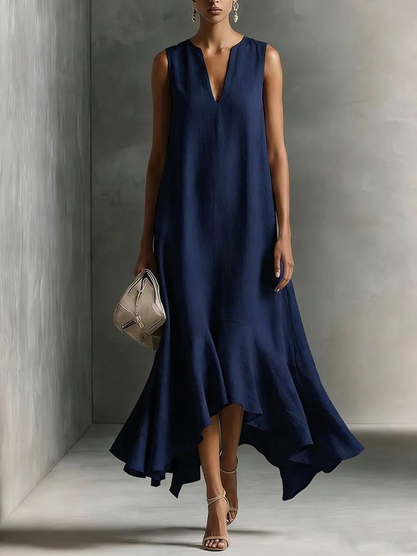 Women's Deep V Neck Sleeveless Asymmetrical Hem Midi Dress – Slim Fit Elegant Summer Gown 2026_ecoleips.com