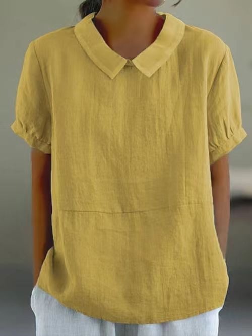 Women's Clothing New Loose Lapel Shirt Short Sleeved Cotton Top_ecoleips.com