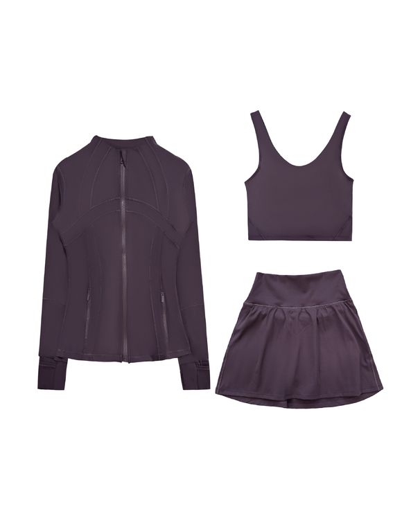 Luludarling Women's Three Piece Active Set Long Stand Collar Fitted Jacket Nude High Waisted Mini Skirt U Shaped Bra Vest_ecoleips.com