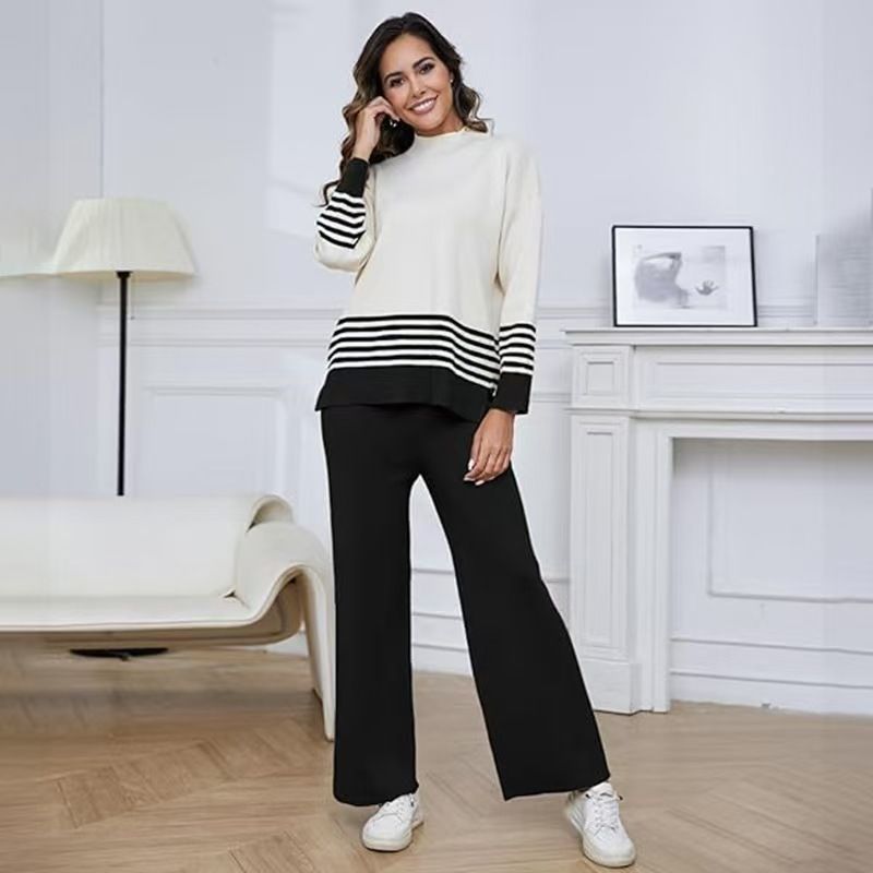 Fashionable Casual Loose Long Sleeve Striped Contrast Pullover Wide-Leg Pants Casual Knit Two-Piece Set_ecoleips.com
