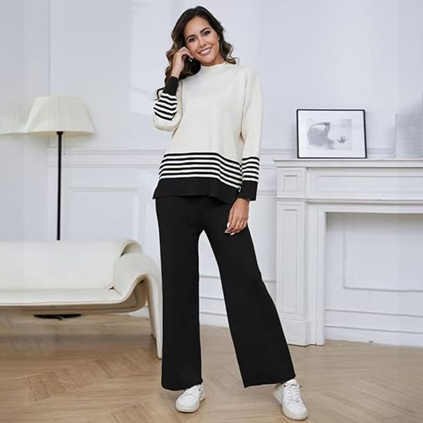 Fashionable Casual Loose Long Sleeve Striped Contrast Pullover Wide-Leg Pants Casual Knit Two-Piece Set_ecoleips.com