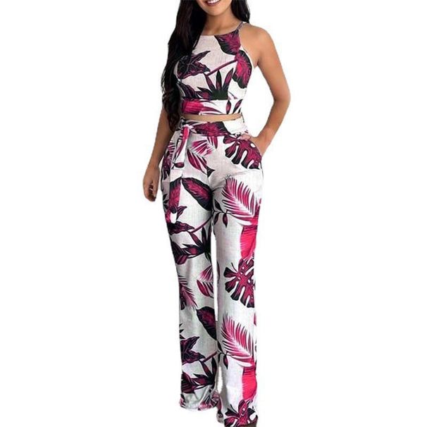 Women's Clothing Summer Two Piece Short Printed Vest High Waist Wide Leg Pants Ladies Leisure Suit_ecoleips.com