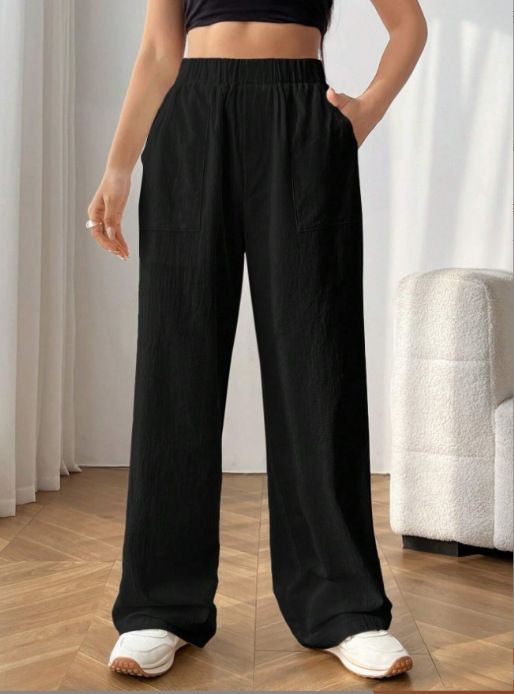 Women's Linen Cotton Wide Leg Pants With Pockets, High Waist Elastic Band, Loose Fit Casual Streetwear (Black, Khaki, S-Xxl)_ecoleips.com