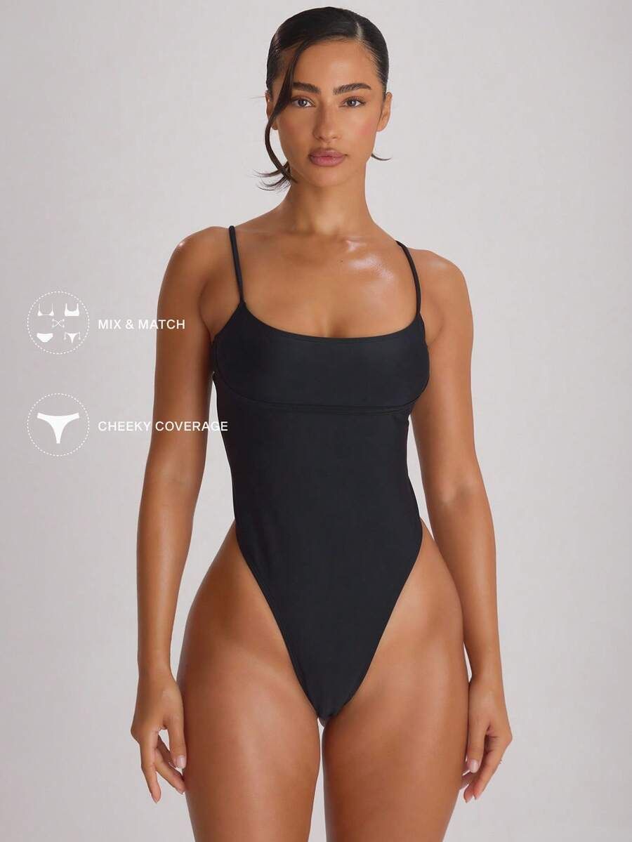 Solid Color High Leg Cheeky Swimsuit With Strappy Straight Neck For Women_ecoleips.com