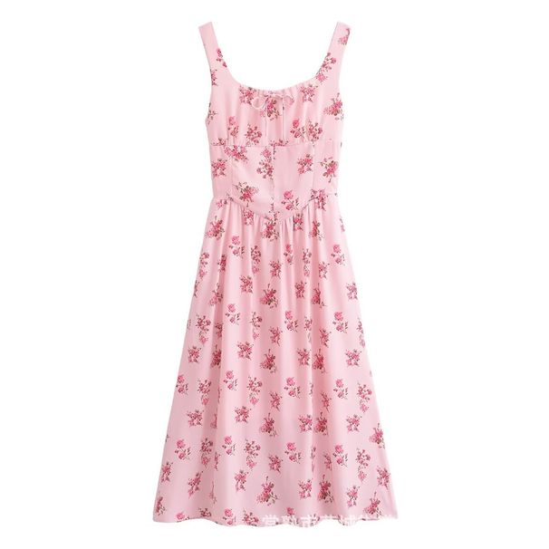 UC&ZA Cross-border European And American Women's Clothing Summer New French Square-neck Waist-cinching Printed Strap_ecoleips.com