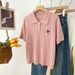 Women's Polo Knit Short Sleeve Top Casual Crewneck Shirt Silk Wool Blend Embroidered Heart Design for Spring And Fall_ecoleips.com