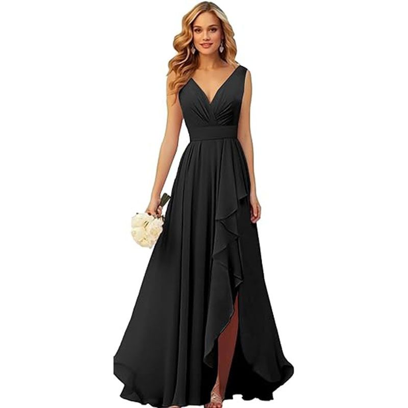 Women's Clothing New V Neck Pleated Slit Straps Long Chiffon Christmas Party Dress Skirt_ecoleips.com