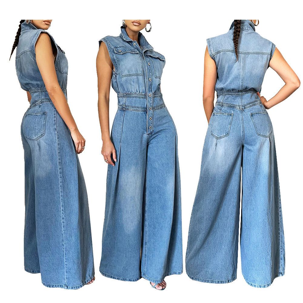 Women's Clothing New Style Casual Washed Sleeveless Denim Jumpsuit Wide Leg Pants_ecoleips.com