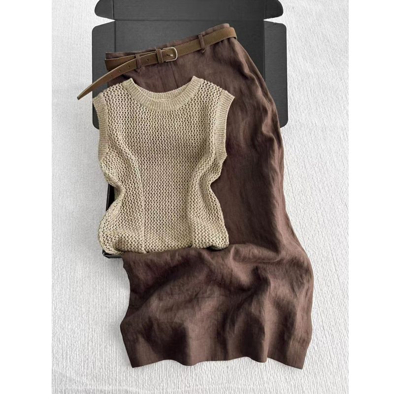 Women's Khaki Lace-Up Top & Skirt Set – Elegant Sleeveless Summer Outfit (Beige/White, S-XL)_ecoleips.com