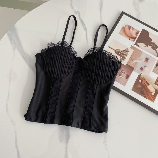 Unique Design Lace Trim Patchwork Camisole For Women, Can Be Worn As An Outer Piece, With Boning And Built-in Chest Pads_ecoleips.com