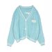 Women's Fashion Knit Cardigan Embroidered V-Neck Loose Fit Sweater Casual Boho Chic Open Front Coat | Soft Polyester Blend ( Light Blue/Pink/Beige)_ecoleips.com