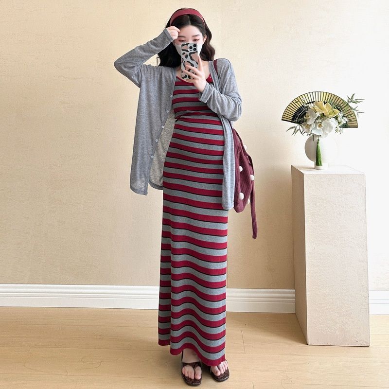 Autumn New Korean Fashion Striped Knitted Maternity Dress_ecoleips.com