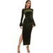 Women’s Velvet Midi Dress – Elegant High-Low Slit, Bell Sleeves, Banquet & Party Wear (Army Green/Dark Green/Black, Sizes S-XL)_ecoleips.com