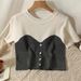 Short Sleeved Round Neck Stitching Knitted T Shirt Female Design Niche Puff Sleeve Short Top Two Piece Set_ecoleips.com