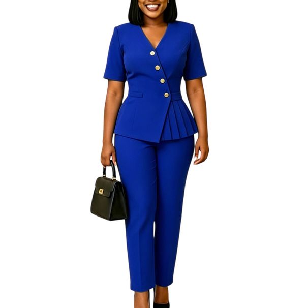 Women's Fashion Two Piece Set OL Commuter Solid Color Top And Pants African Suit New_ecoleips.com