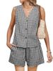 K New Women's Two-piece Holiday Outfit Short Set Linen Plaid Vest. No Bags Or Other Accessories_ecoleips.com