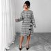 Women's Clothing Plus Size Clothes Elegant Black & White Checkered Dress With Bow Detail, Round Neck Long Sleeve Slim Fit Dress For Women_ecoleips.com