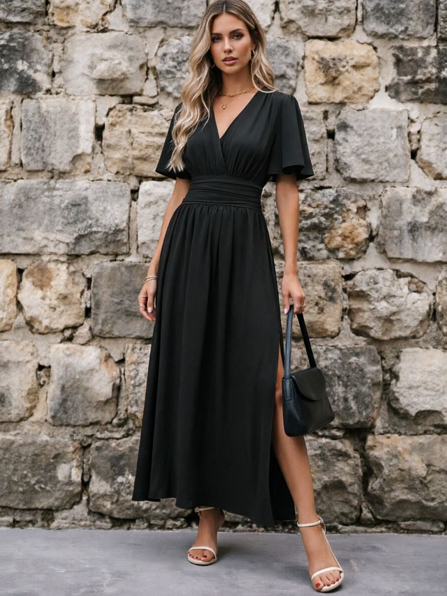 Women's Solid Color Deep V Neck Smocked High Waist Maxi Dress With Side Slit – Casual Flowy Summer Gown_ecoleips.com