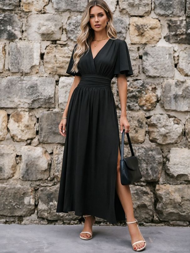 Women's Solid Color Deep V Neck Smocked High Waist Maxi Dress With Side Slit – Casual Flowy Summer Gown_ecoleips.com