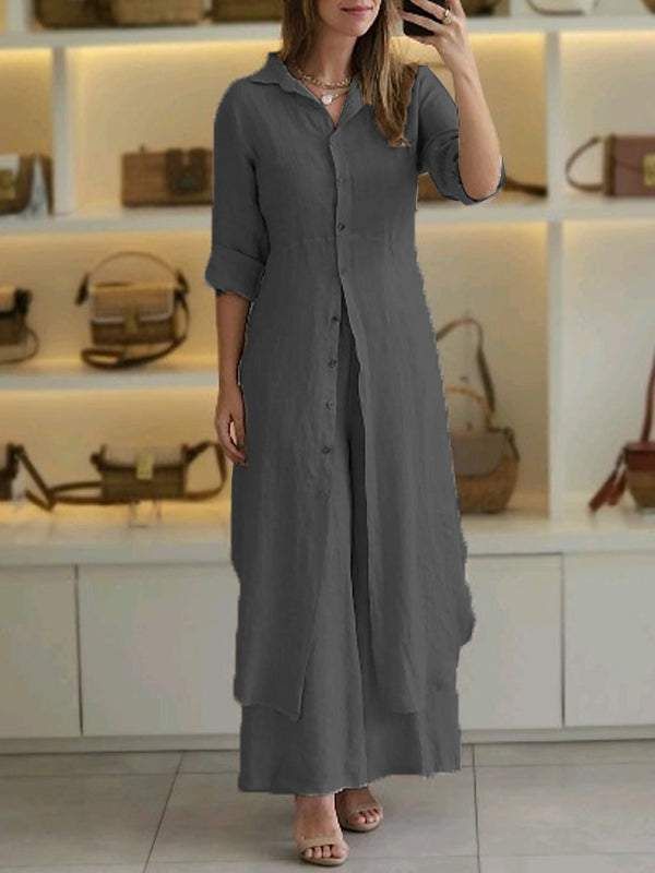 2024 Women's Urban Elegant Cotton Linen Slim Waist Long Shirt Wide Leg Pants Suit Independent Station Summer Autumn Fashion Set_ecoleips.com