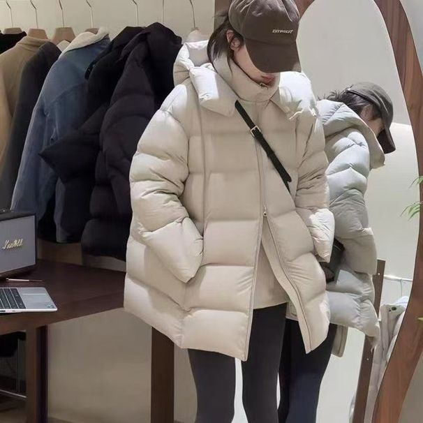 girl Girl Girl 2025 Winter New Cloud Puff Mid-Length Jacket For Women Loose Fit Warm Thickened Hooded White Duck Down Coat_ecoleips.com