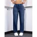 Women's Stretch Washed Denim Straight Leg Jeans With Drawstring Waist - Comfortable Casual Blue Jeans For Everyday Wear_ecoleips.com