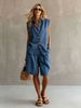 Women's Linen Button down Shirt Summer Casual Blouse Top Sleeveless Comfortable Breathable Vacation Beach Lounge Wear Shorts Set_ecoleips.com