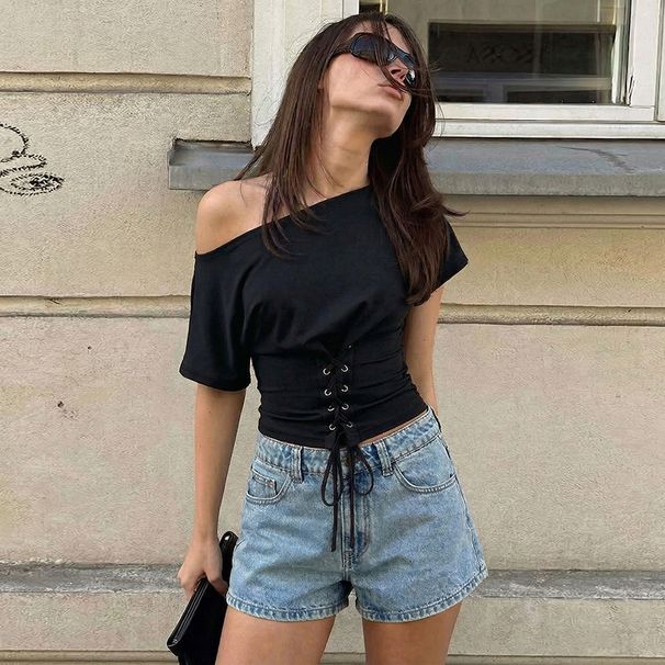 European And American Women's Clothing 2026 Summer New Fashion Solid Color Temperament Elastic Waist Lace-up Top T-shirt_ecoleips.com