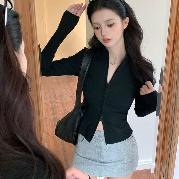 K Zipper Stand Collar Double Zipper Cardigan For Women, New Knitted Sweater, Slim Fit Versatile Short Coat, Long Sleeves Top_ecoleips.com