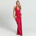 Elegant Deep V Halter Maxi Dress With Flowing Ribbon & Fishtail Hem – Sexy Backless Formal Gown In Black, Sage Green, Red & Pink (S/M/L)_ecoleips.com