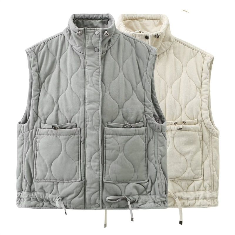 Aria Basics Autumn Winter New European American Style Casual Loose Diamond Pattern Plus Size Women's Gray Stand Collar Sleeveless_ecoleips.com