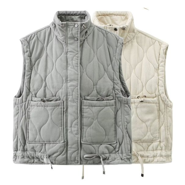 Aria Basics Autumn Winter New European American Style Casual Loose Diamond Pattern Plus Size Women's Gray Stand Collar Sleeveless_ecoleips.com