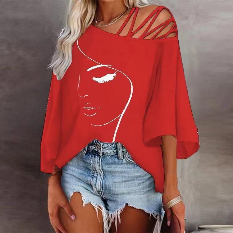 Women's Clothing Women's Casual Printed T-Shirt Spring/Summer Asymmetrical Neck Patchwork Loose Fit Style Top_ecoleips.com