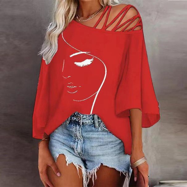 Women's Clothing Women's Casual Printed T-Shirt Spring/Summer Asymmetrical Neck Patchwork Loose Fit Style Top_ecoleips.com