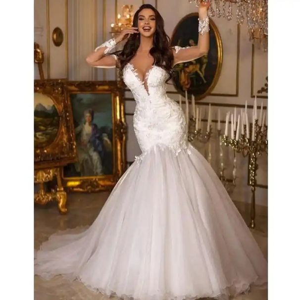 Women's Clothing New White Wedding Dress Slim Fishtail Sexy V Neck Long Sleeved Lace Banquet Evening Dress_ecoleips.com