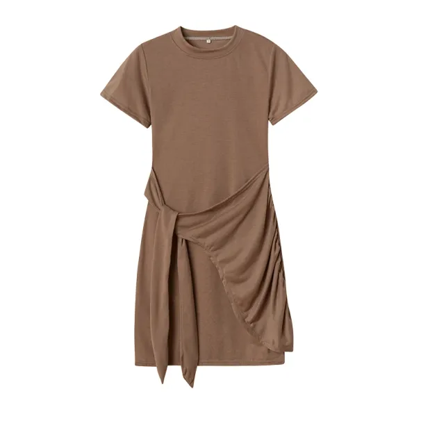 2024 Summer New Short-sleeved Round Neck Ruffle Bow Belt Irregular Dress_ecoleips.com