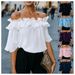Women's Off-Shoulder Blouse With Flounce Sleeve - Elegant Ruffle Trim Casual Summer Top In Navy, Sky Blue, Black, White, Purple, Pink_ecoleips.com