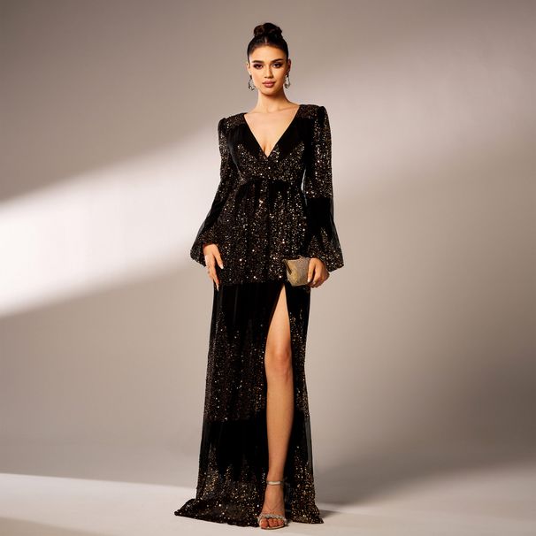 European And American High End Long Sleeved Temperament V Neck Sexy Long Sequined Banquet Evening Dress Bridesmaid Dress Dress For Women_ecoleips.com