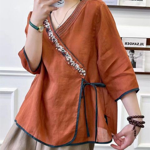 Spring/Summer Ethnic Style Retro Design: Cotton/Linen T-Shirt With Slanted Front Closure, Embroidered Design; Short-Slee_ecoleips.com